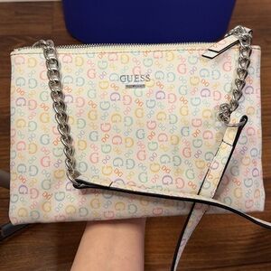 GUESS White Multicolor Logo Print Chain Crossbody
